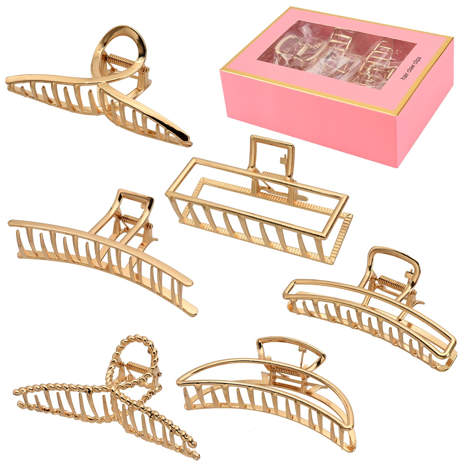 LUKACY 6 Pack Large Metal Hair Claw Clips - 4 Inch Gold Hair Clips for Women, Strong Hold Hair Clamps for Thin & Thick Hair, Fashion Hair Accessories | Perfect for Updos, Ponytails & Everyday Styling