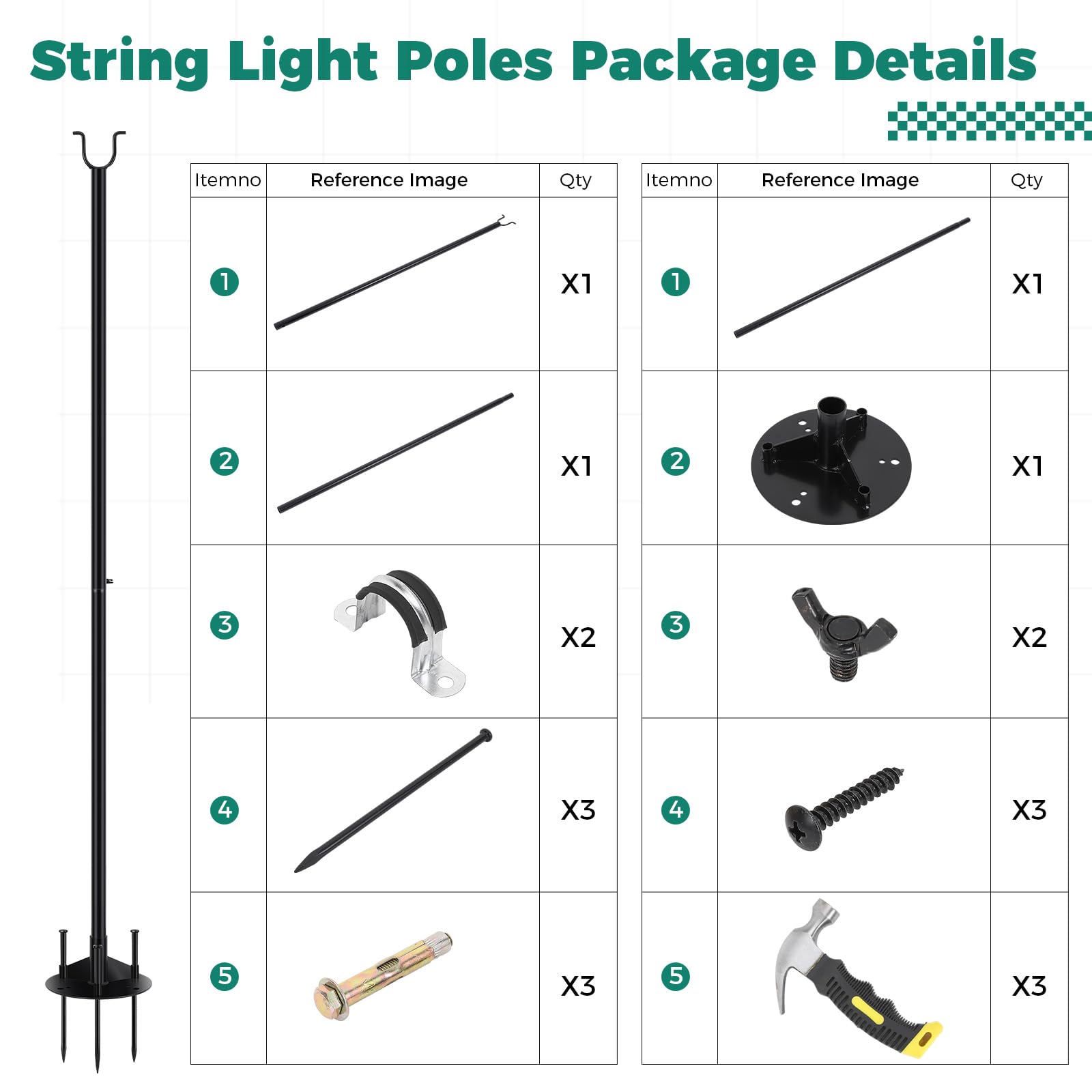 PULLAFUN 8 Pack 11FT Outdoor String Light Poles - 4-in-1 Hanging Stand for Patio, Garden, Bistro, Wedding & Party Decor (Black) | Perfect for Backyard, Deck & Outdoor Lighting