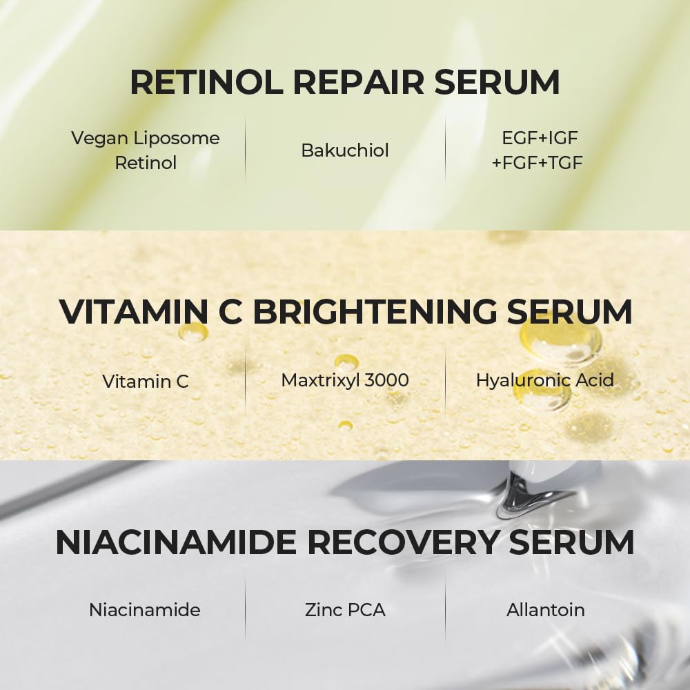 SKIN&LAB Essential Serum Set - Vitamin C Serum, Retinol Serum & Niacinamide Serum | Korean Skincare Gift Set for Brightening, Anti-Aging & Pore Refining | Perfect for Daily Skincare Routine & Gift Giving