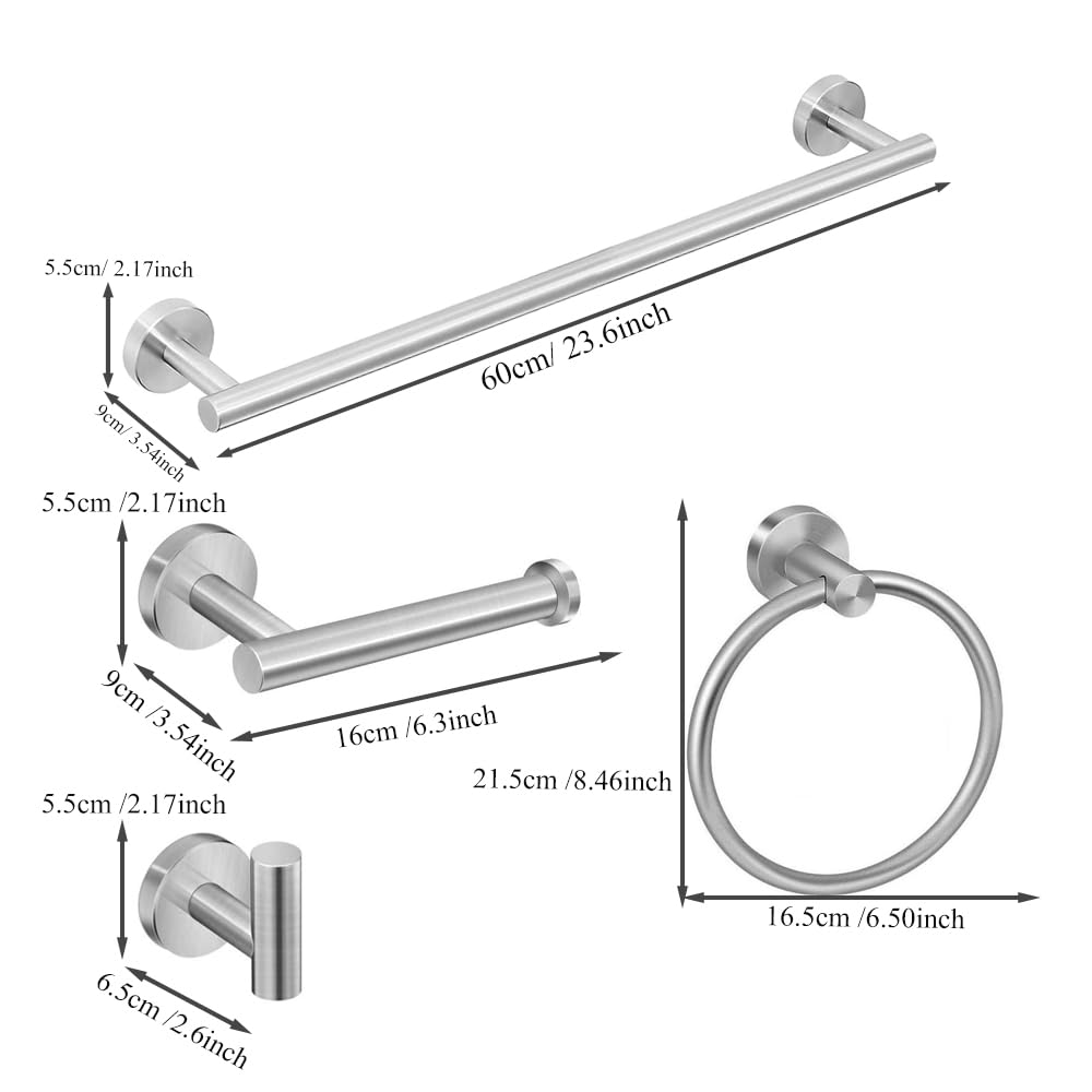 5-Piece Brushed Nickel Bathroom Hardware Set - Stainless Steel Towel Bar, Toilet Paper Holder, 180° Rotating Towel Ring & 2 Wall-Mounted Hooks | Modern Bathroom Accessories for Home & Hotel Decor (24-Inch Towel Rack Included) - Perfect for Powder Rooms, Master Baths & Spa-Style Retreats