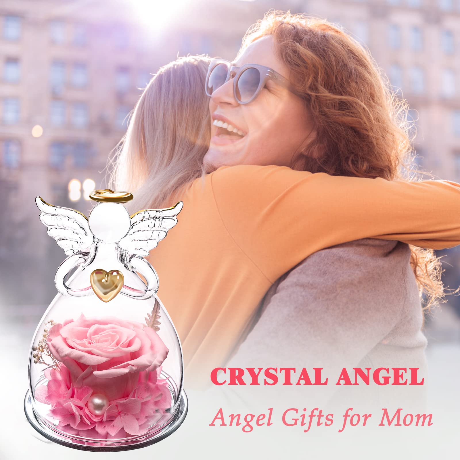 Mother's Day Angel Gift for Mom - Glass Angel Statue with Preserved Rose Flower, Birthday Gifts for Women, Grandma | Perfect for Home Decor, Wedding Centerpiece & Special Occasion Presents