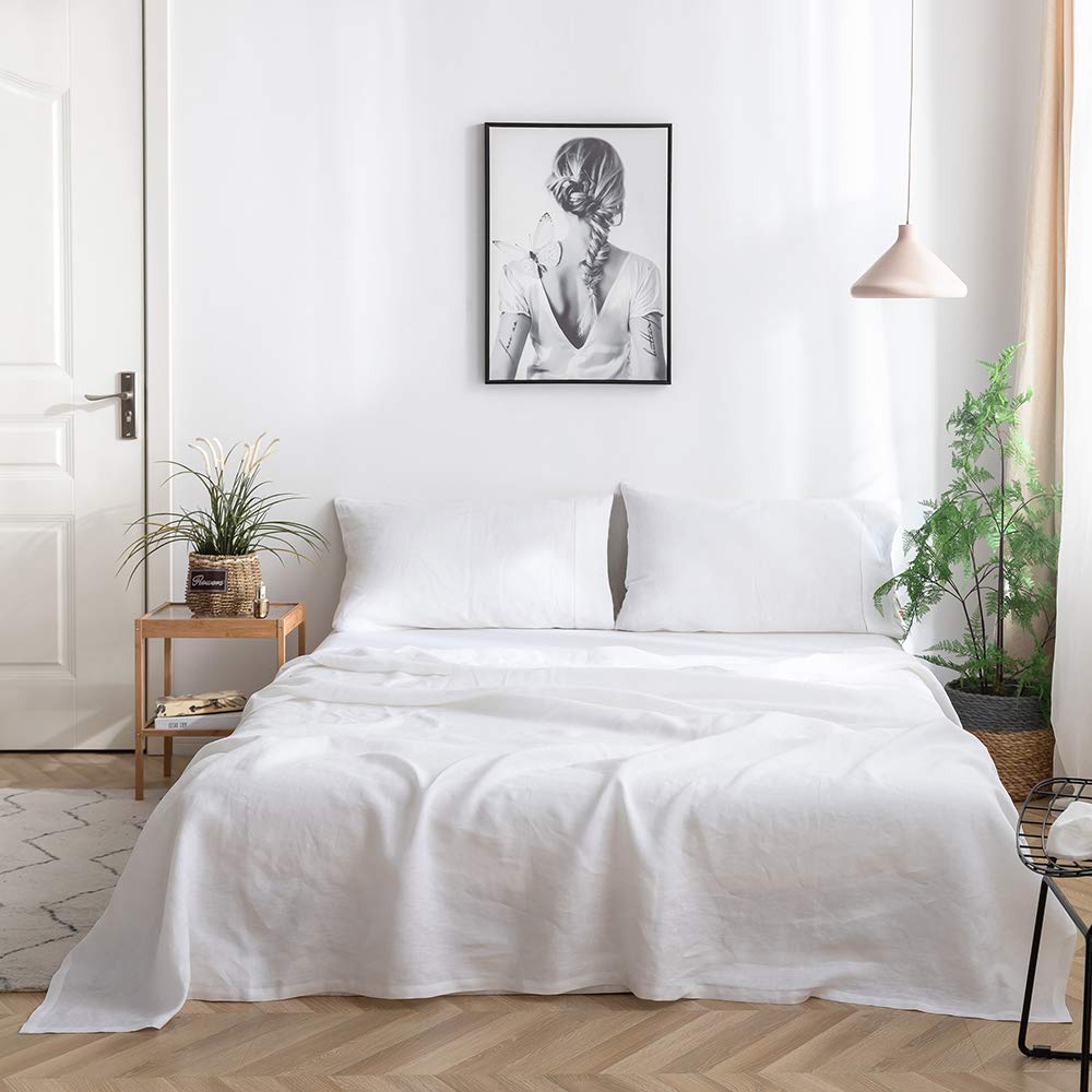Luxury 100% Belgian Linen Sheet Set - Queen Size 4-Piece (Flat Sheet, Fitted Sheet, 2 Pillowcases) - Handmade Hemstitch White Flax Bedding - Breathable & Soft Farmhouse Style for Comfortable Sleep - Perfect for Master Bedroom, Guest Room & Airbnb