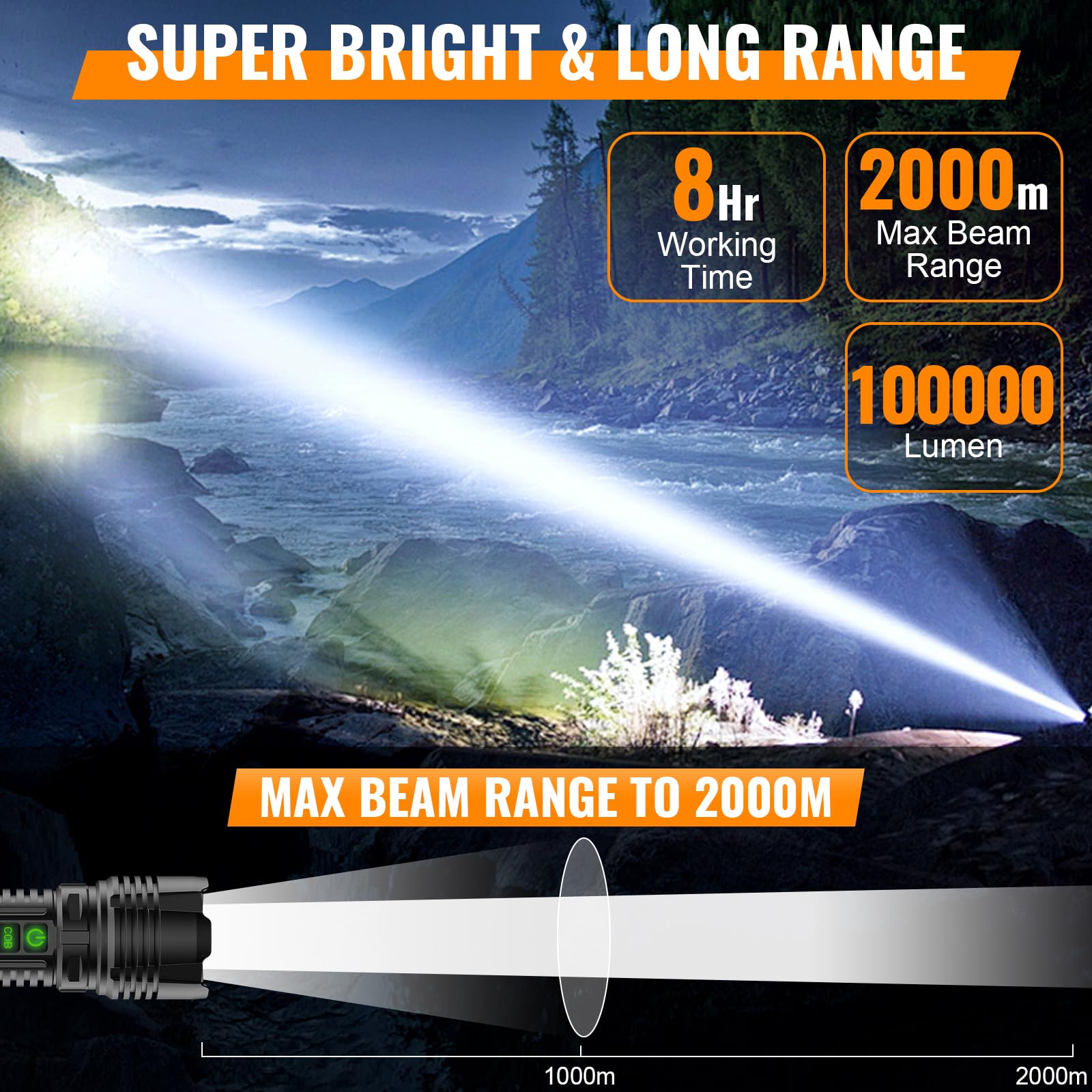**100,000 Lumens LED Rechargeable Flashlight - Super Bright 2000m Long Beam, Waterproof, 5 Modes, Zoomable for Camping, Hiking & Emergency Use**