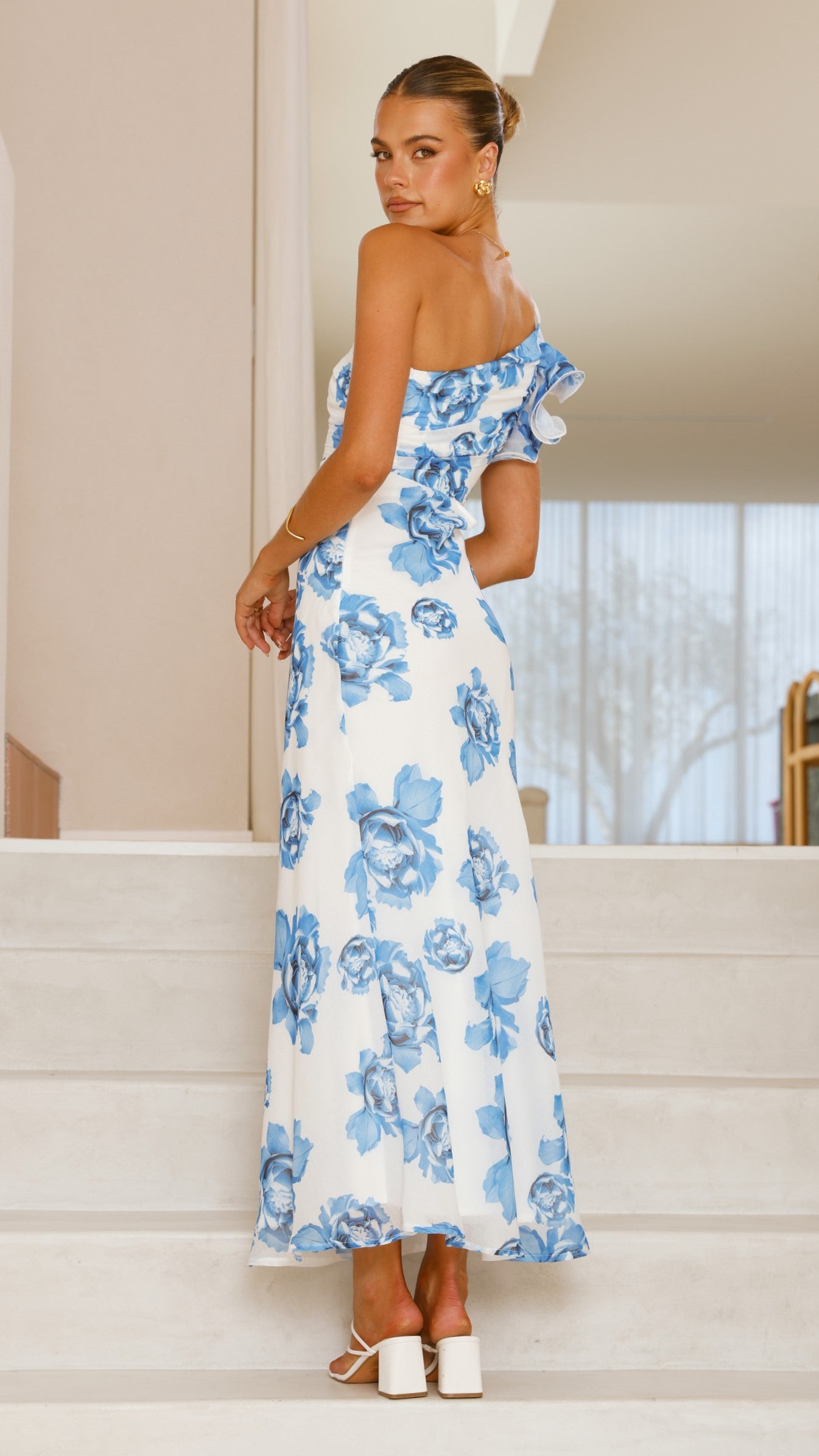 Elegant Amina Maxi Dress - Blue Rose Floral Print, Women's Summer Long Dress for Beach, Vacation & Casual Wear