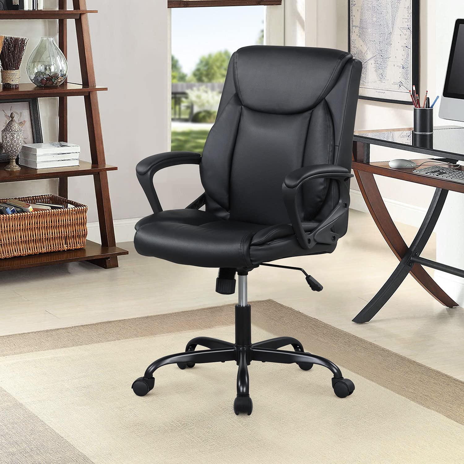 Ergonomic Home Office Chair - PU Leather Executive Desk Chair with Adjustable Lumbar Support & Armrests, Mid Back Computer Task Chair for Men (Black) - Perfect for Long Work Hours, Gaming & Remote Work