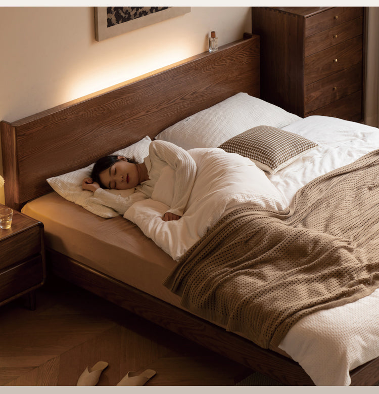 Solid Oak Wood Modern Bed Frame with LED Night Lights in Walnut Finish - Perfect for Bedroom Decor and Cozy Nighttime Ambiance