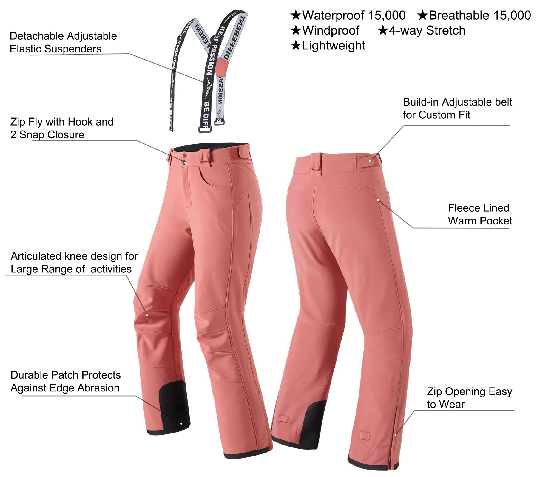 Women's Waterproof Ski Pants with Zip-Off Suspenders - Warm Winter Snow Bibs, Breathable & Stretchable for Skiing, Snowboarding & Outdoor Activities
