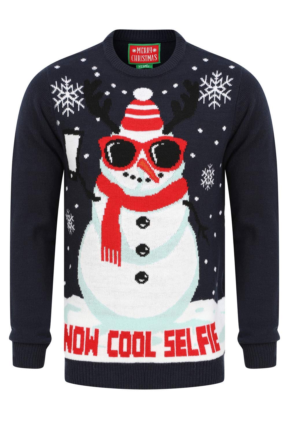 Funny Men's Christmas Sweater - Snow Cool Selfie Print - Eclipse Blue - X-Large - Perfect for Ugly Christmas Party & Holiday Selfies