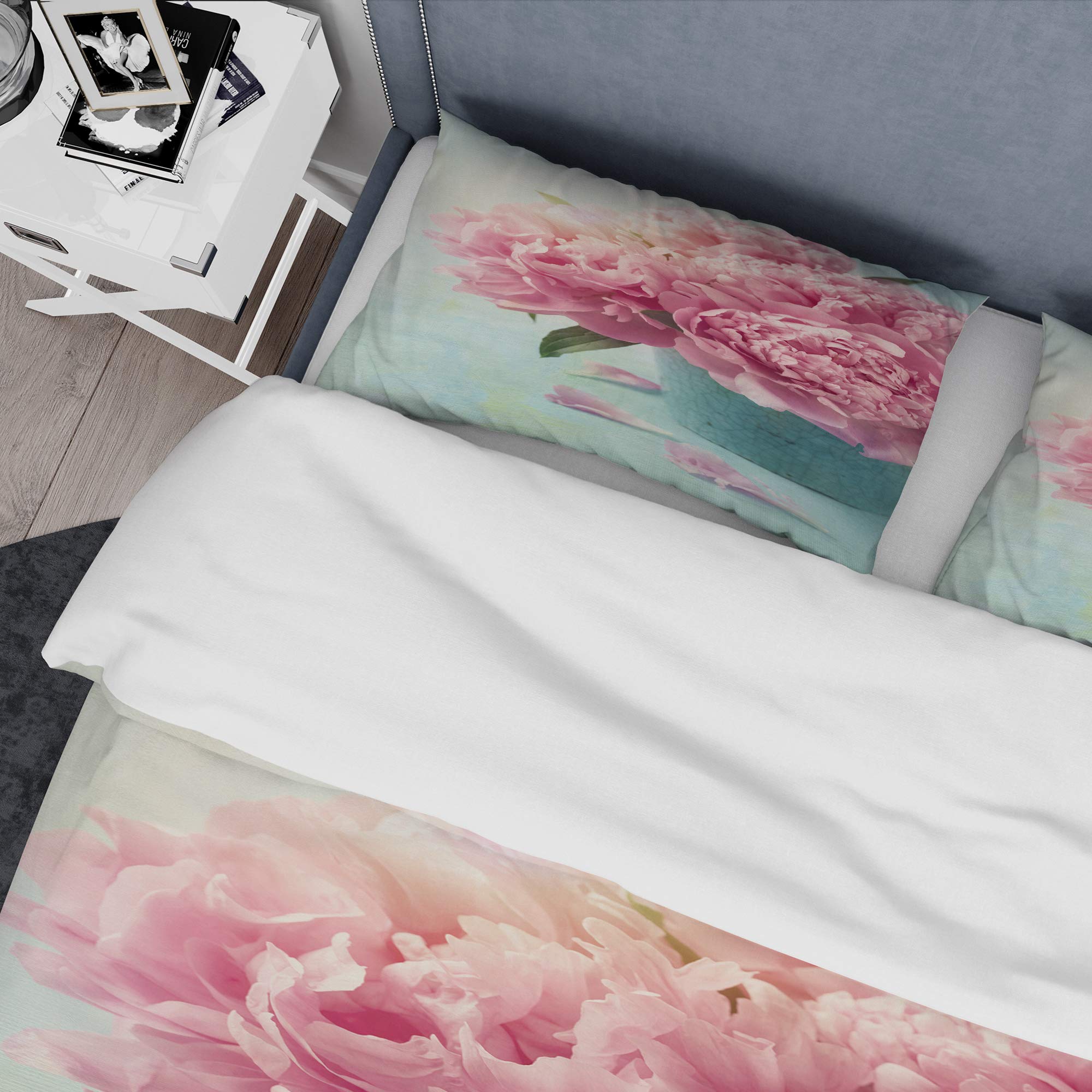 Blue Nautical & Coastal Duvet Cover Set King Size - Pink Peony Floral Design, 3-Piece All Season Bedding Set for Coastal Home Decor | Perfect for Beach House, Guest Room & Master Bedroom