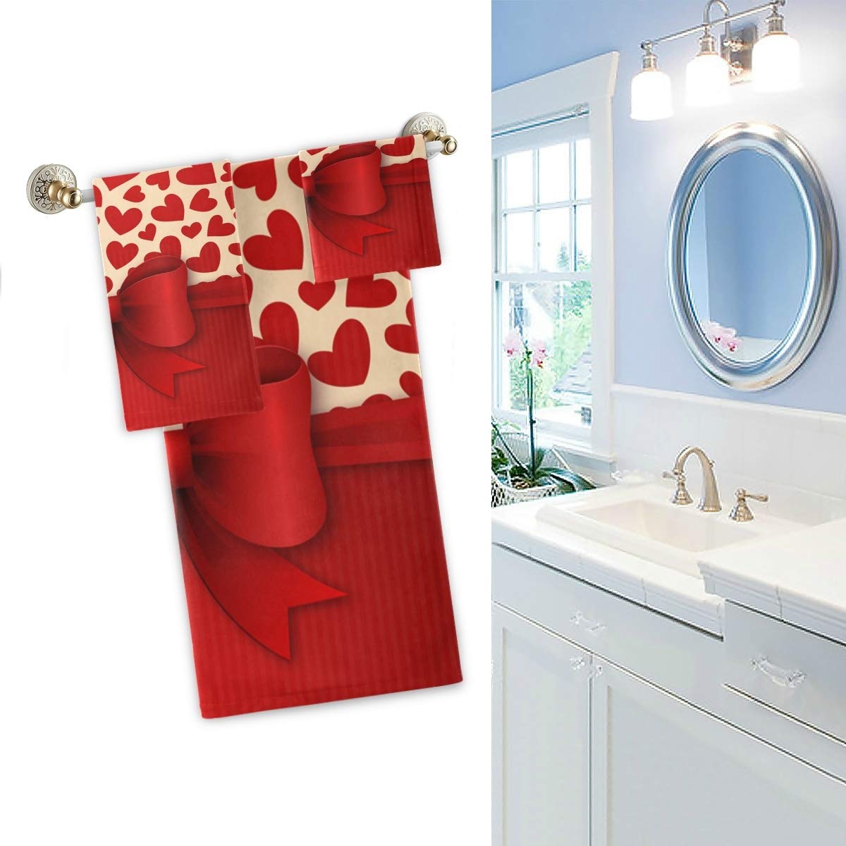 Sweet Hearts with Bow Valentine's Day Luxury Bath Towel Set - 3-Piece Soft Decorative Towels (1 Bath Towel, 1 Hand Towel, 1 Washcloth) for Bathroom, Hotel, Gym, Spa & Beach - Perfect for Romantic Gifts, Home Decor & Self-Care Moments