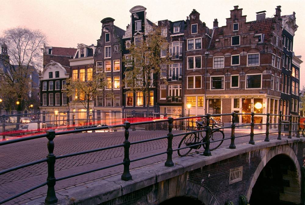 Amsterdam City Houses Bridge Lights - Natural Scenery Wall Art Canvas Print (24x36 inches) for Living Room, Bedroom & Office Decor