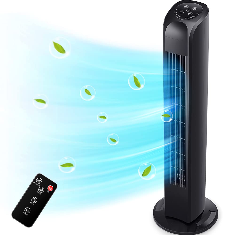 30-Inch Black Oscillating Tower Fan with Remote - Quiet Bladeless Standing Floor Fan for Bedroom, Office & Home Use | Portable Cooling Fan for Summer, Sleeping & Indoor Spaces