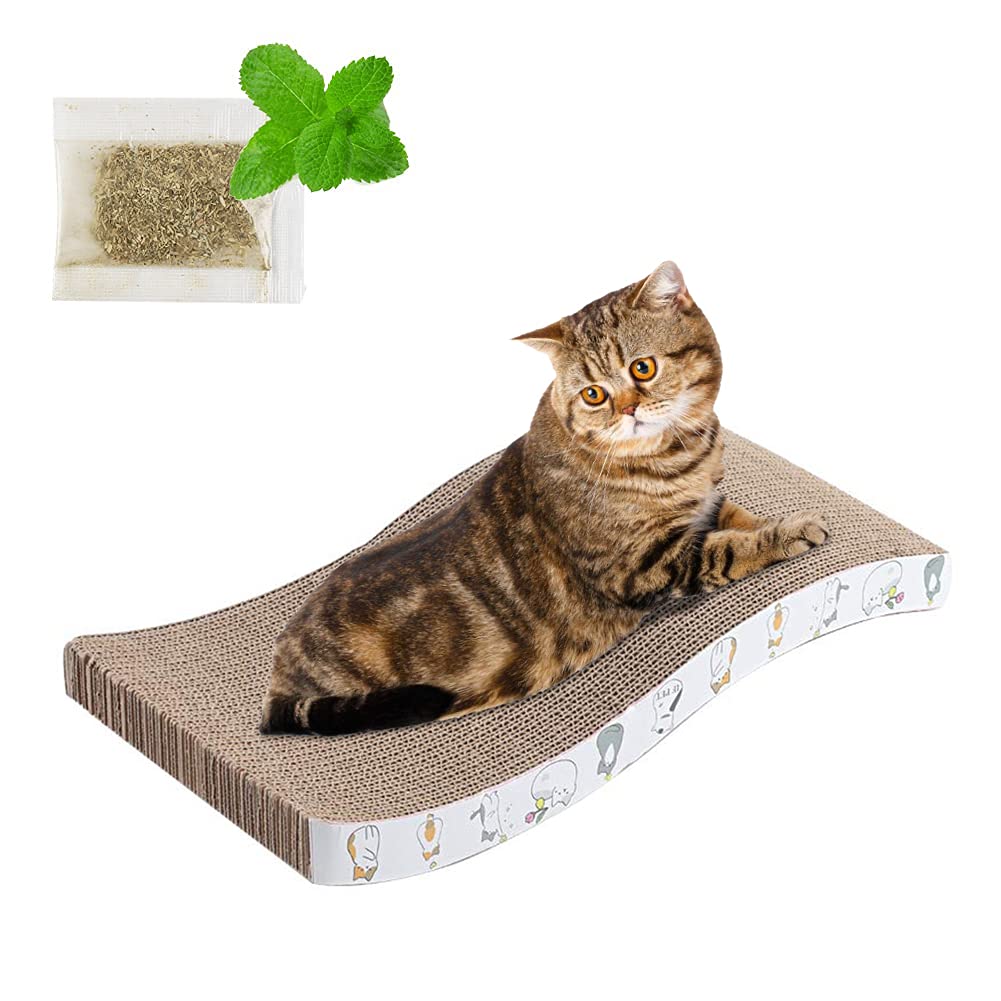 Premium Double-Sided Cat Scratch Pad with Catnip - Durable S-Shaped Cardboard Scratcher with White Cat Pattern for Indoor Kittens - Perfect for Sofa Protection & Stress Relief