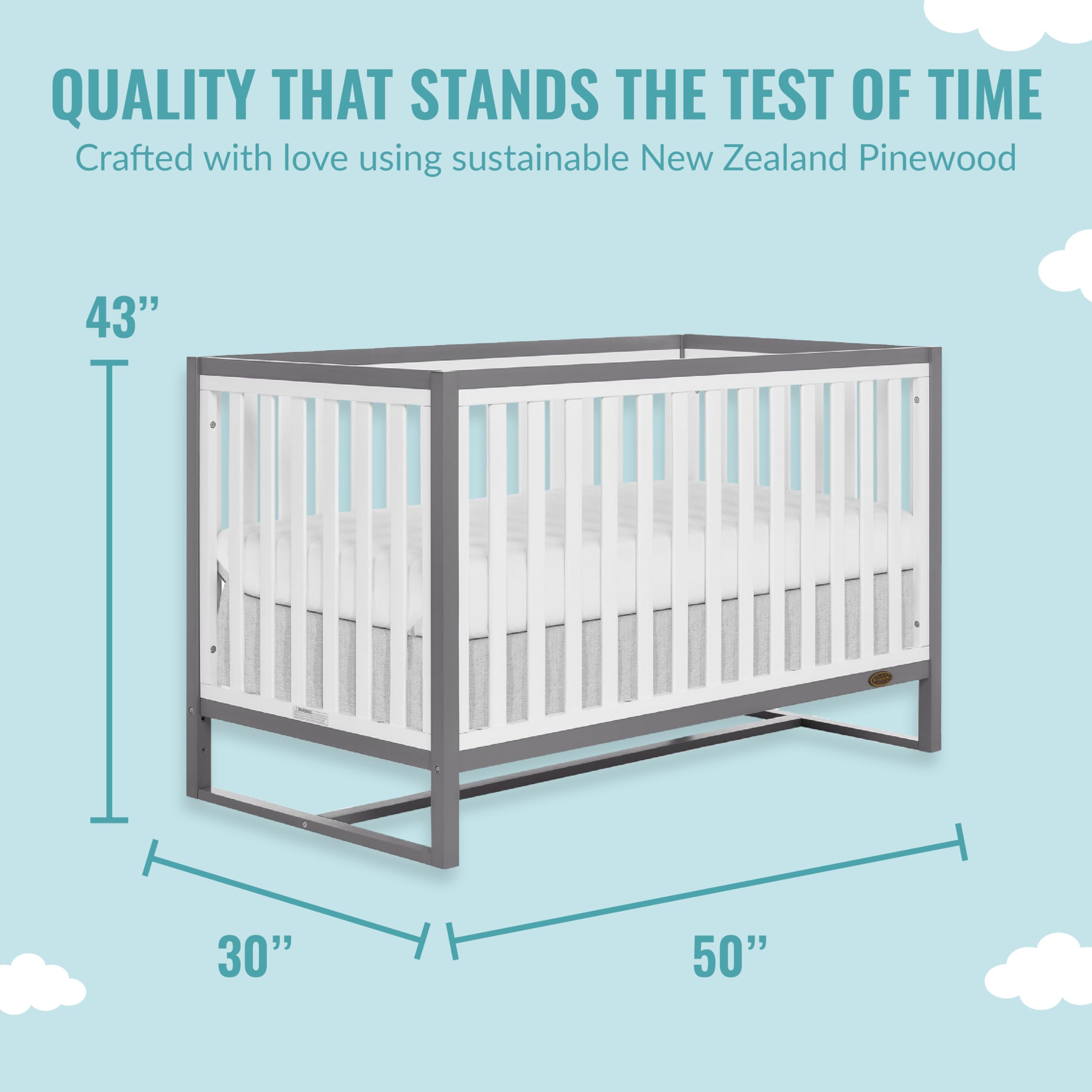 Dream On Me Arlo 5-in-1 Convertible Crib - Steel Grey & White | JPMA Certified | Adjustable Mattress Heights | Non-Toxic & Sustainable Pinewood | Nursery & Toddler Room Essential