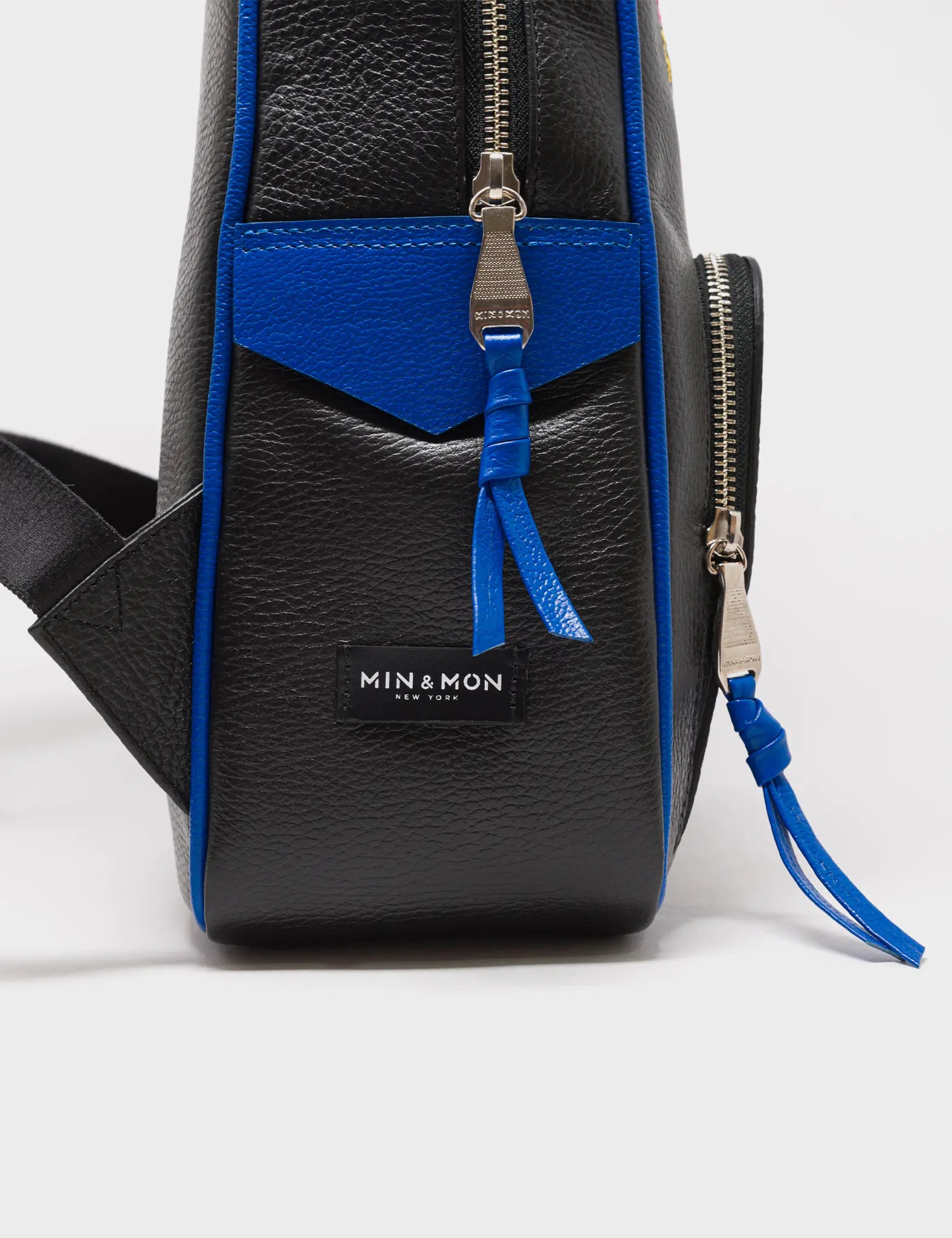 Marino Black & Blue Leather Backpack Medium Size - Stylish Groovin' Galaxies Applique Design for Work, School & Travel