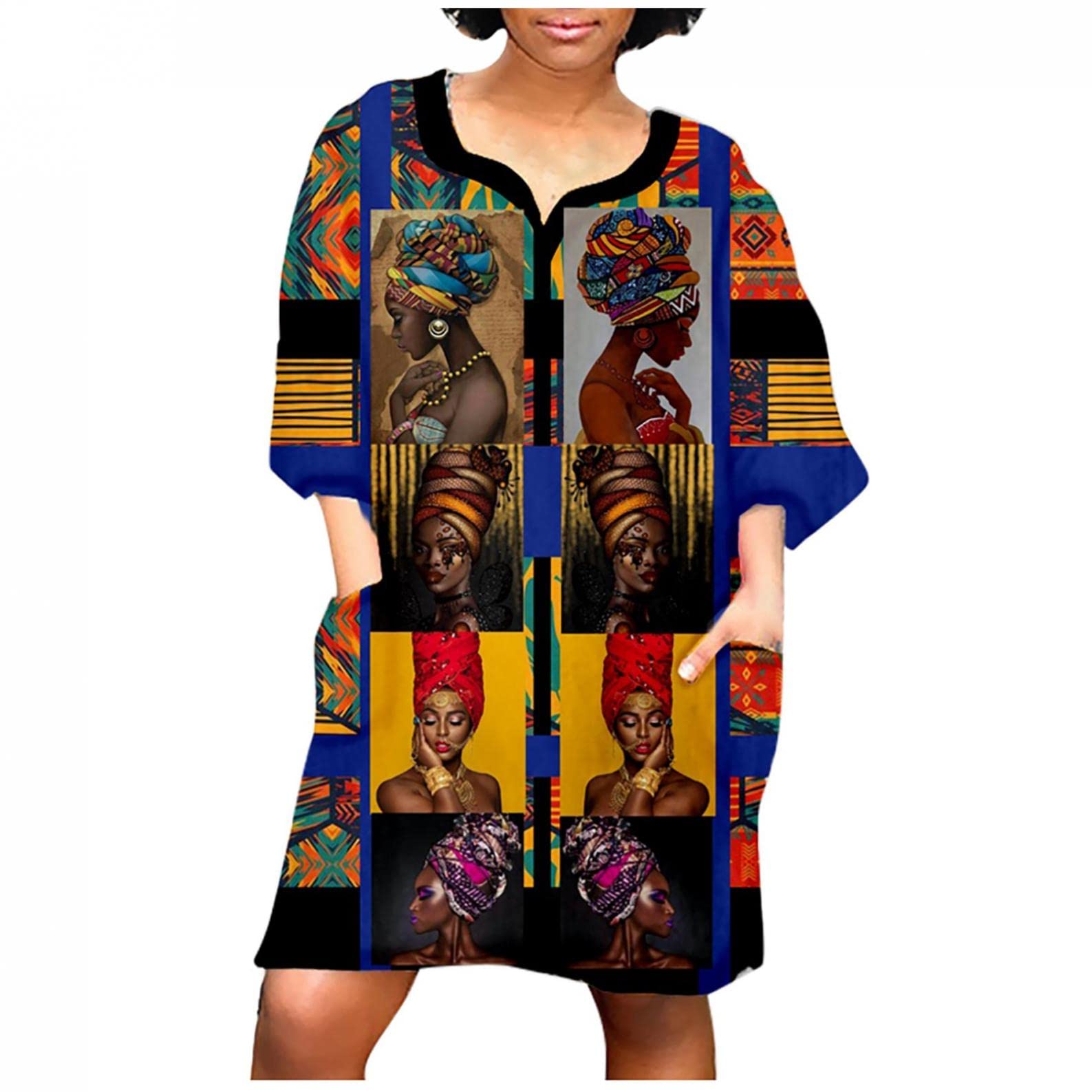 African Print Women's Tunic Dress - Oversized Knee-Length Casual T-Shirt Dress with Pockets | Spring Summer Fashion 2024 | Perfect for Beach Outings, Vacations & Casual Wear