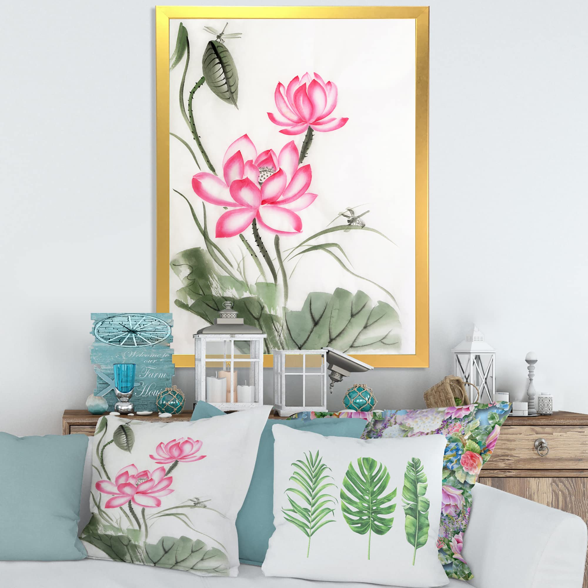 DesignQ Lotus and Dragonfly Traditional Framed Wall Art - Elegant Asian Home Decor for Living Room, Bedroom & Office