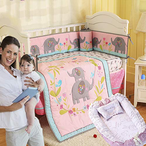 Brandream 5-Piece Pink Elephant Crib Bedding Set - Soft Baby Girl Nursery Bedding with Cozy Nest Bed, Safari Animal Theme for Newborn & Toddler - Perfect for Nursery Decor, Baby Shower Gift & Cozy Sleep Time