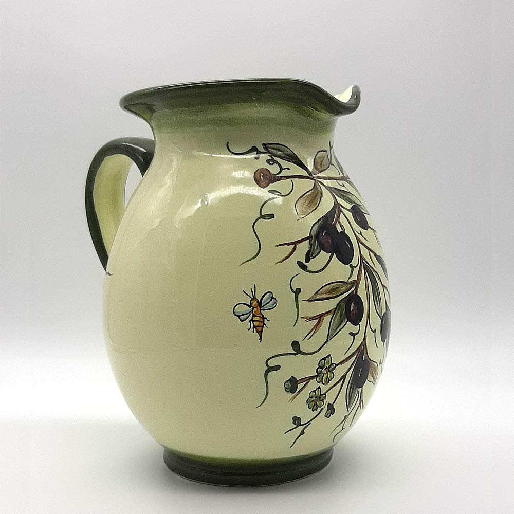 Italian Ceramic Pitcher 33oz - Hand Painted Olive Design Kitchen Carafe & Utensil Holder - Tuscan Pottery Wine Dispenser & Home Decor Vase - Perfect for Italian Kitchen Decor, Wine Serving & Farmhouse Style Dining