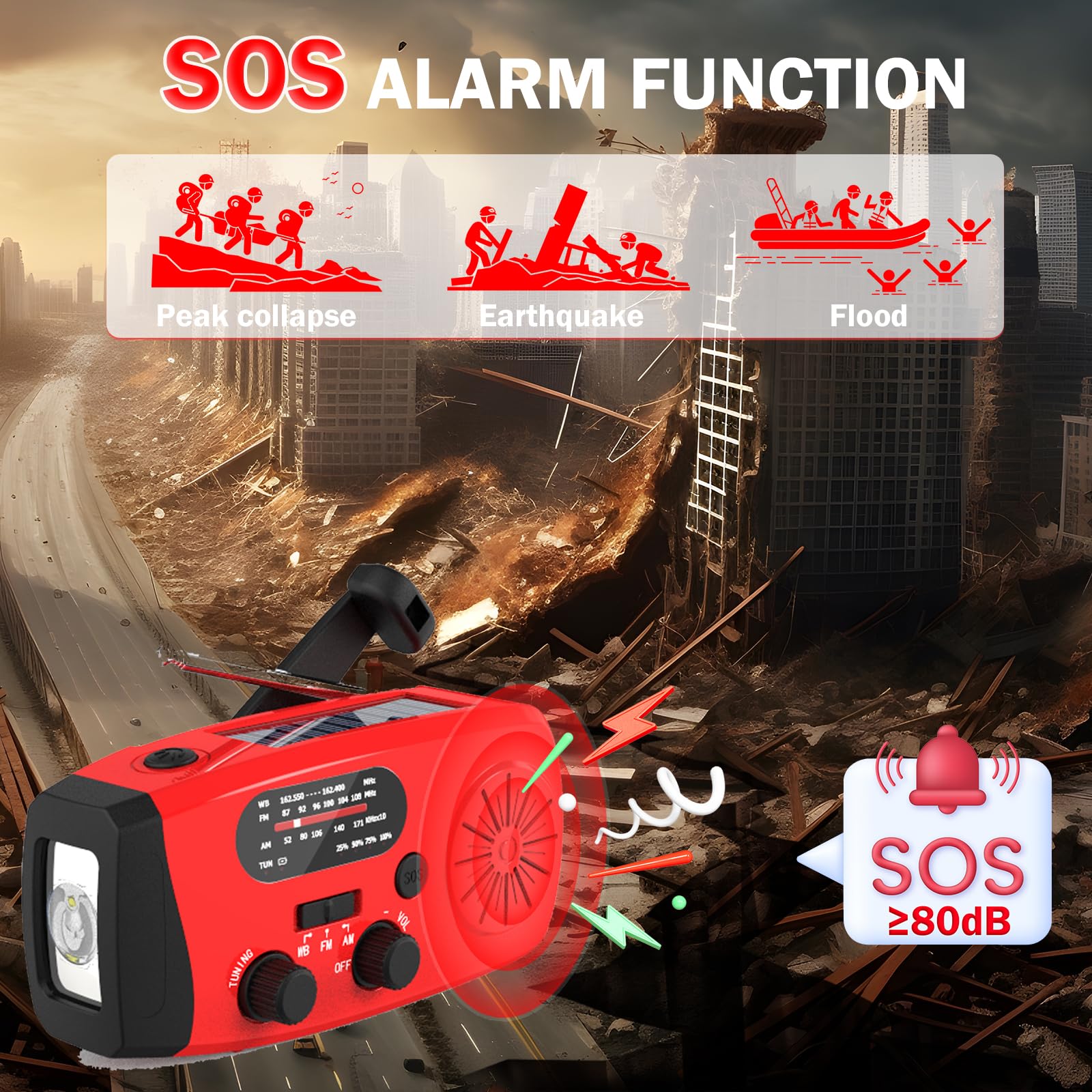 Emgykit 14800mWh Solar Hand Crank Emergency Radio - AM/FM/NOAA Weather Alert, SOS Alarm & LED Flashlight for Power Outages, Camping, Hiking & Survival Kits