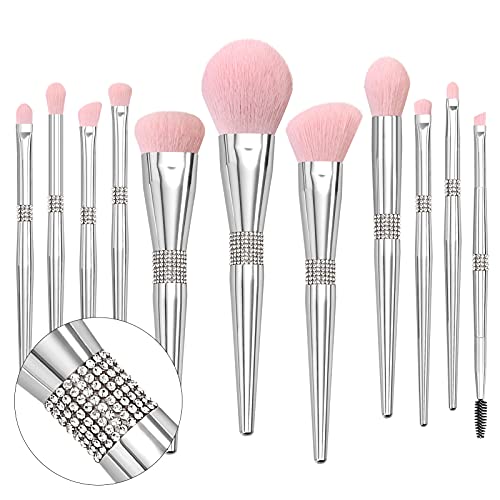 LORYP 11-Piece Crystal Makeup Brush Set - Shiny Rhinestone Silver Cosmetic Brushes for Foundation, Powder, Concealer & Eyeshadow | Professional Synthetic Makeup Brush Kit for Daily Makeup & Special Occasions