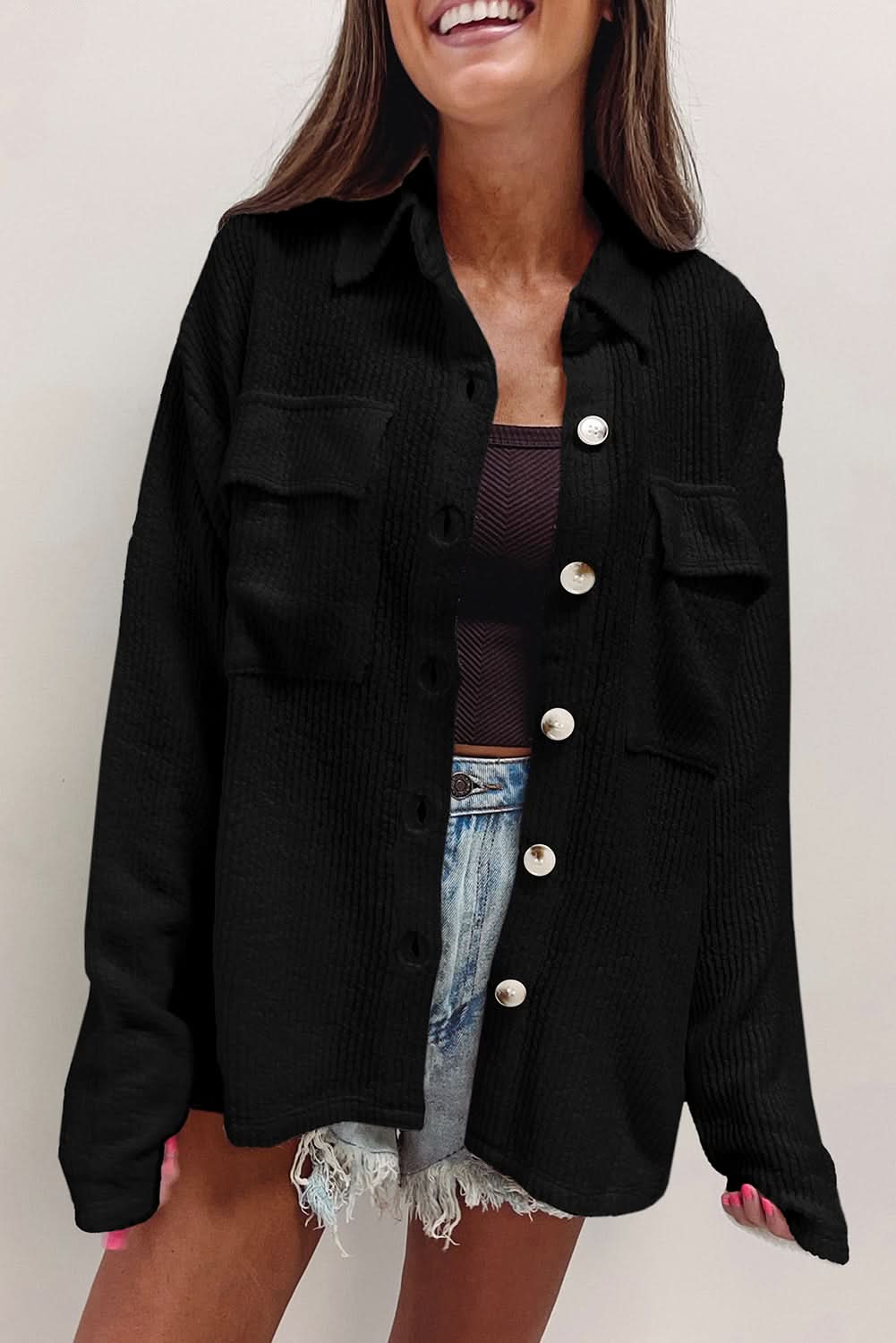 Stylish Black Corduroy Shacket with Pockets for Women - Cozy Fall & Winter Layering Essential