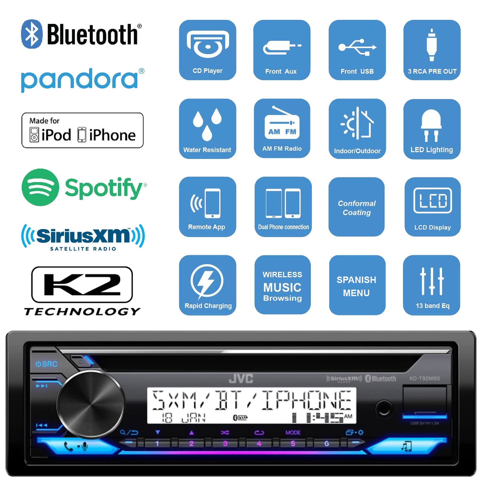 JVC In-Dash Marine Boat Bluetooth Radio USB CD Receiver Bundle with Enrock 6.5