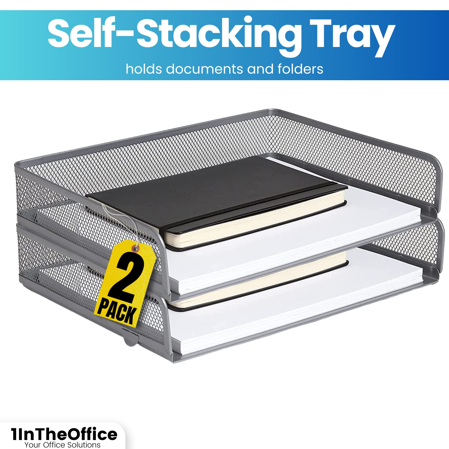1InTheOffice Desk Tray & Letter Organizer - Stackable Side Load Silver Mesh File Holder (2 Pack) - Perfect for Home Office, School, or Workspace Organization