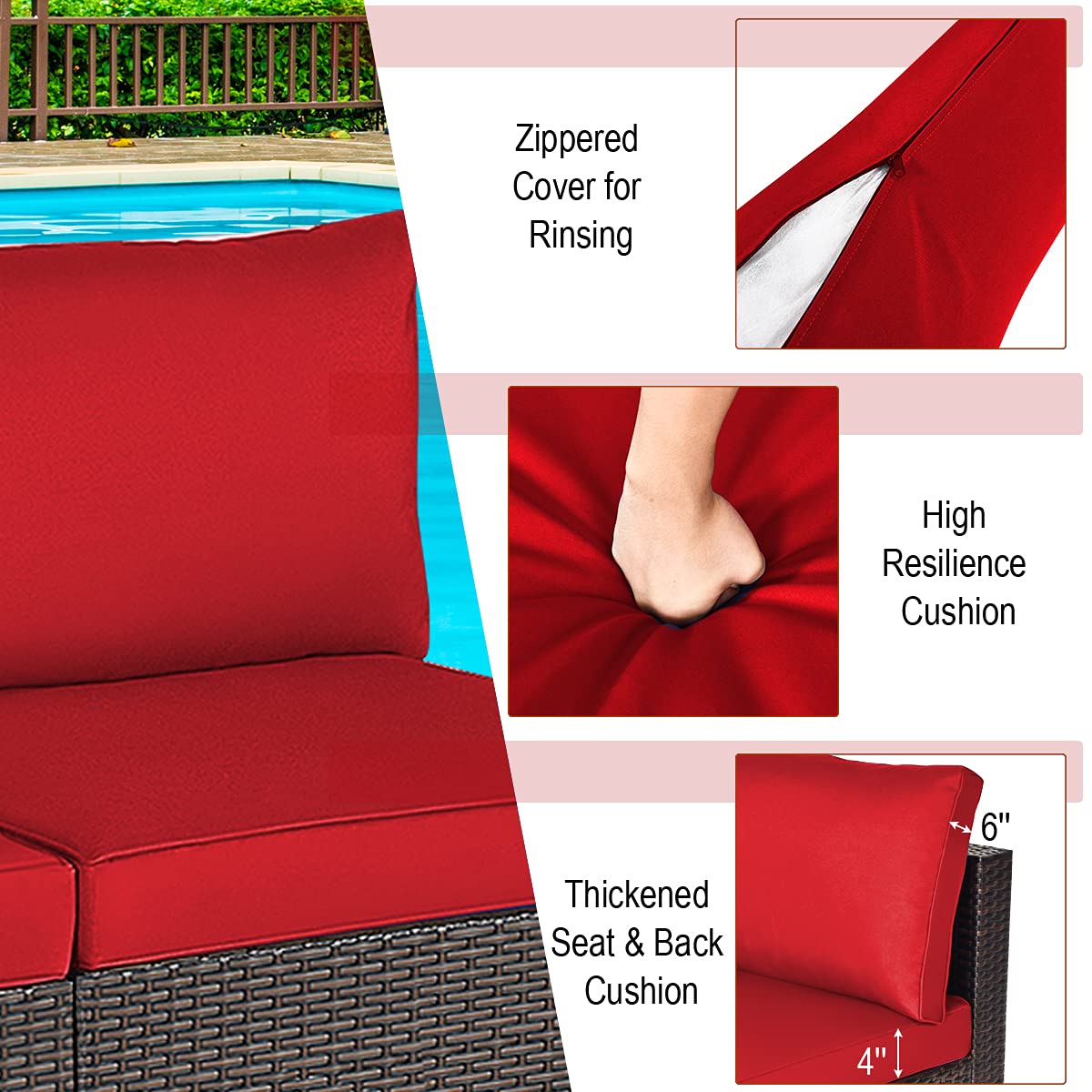 Tangkula 2-Piece Outdoor Wicker Armless Sofa Set with Thick Cushions - Patio Rattan Sectional Sofa for Garden, Balcony, Poolside - Includes 2 Seat & 2 Back Cushions (Red) | Perfect for Relaxing, Sunbathing & Outdoor Entertaining