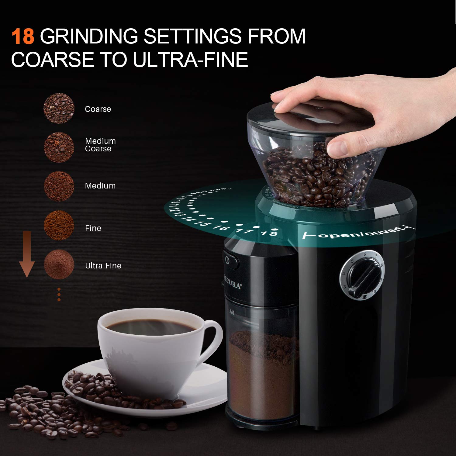Secura Electric Coffee Grinder with Conical Burr - 18 Adjustable Grind Settings for French Press, Drip, Espresso & Turkish Coffee - 8 oz Black (CBG-018) - Perfect for Home, Office & Coffee Shops