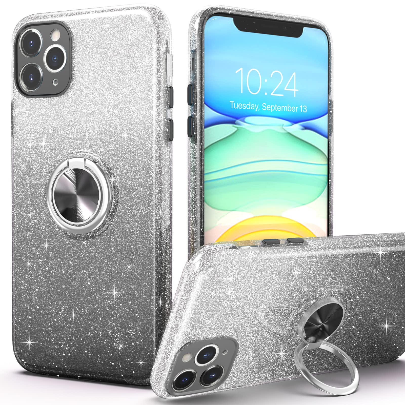 Sparkly Glitter iPhone 11 Pro Max Case with 360° Ring Holder & Magnetic Car Mount - Slim Shock-Absorbent Protective Cover for Women (6.5