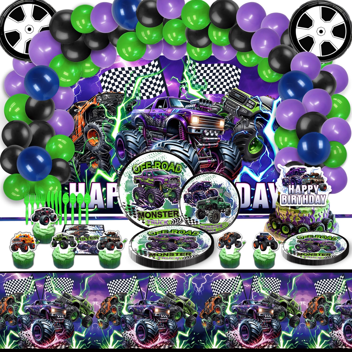 150Pcs Monster Truck Birthday Party Decorations Set - Includes Balloon Arch, Backdrop, Cake Toppers, Tableware & Tablecloth - Perfect for Kids Birthday, Themed Parties & Truck Lover Celebrations