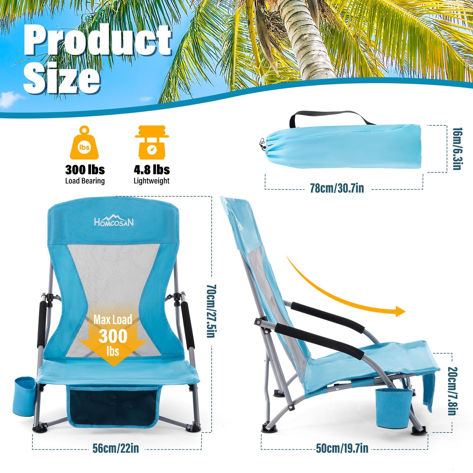 Homcosan Low Folding Beach Chairs for Adults - Portable Lightweight Sling Chair with Cup Holder & Mesh Back, Compact Folding Design with Carry Bag - Perfect for Beach, Camping, Picnics, Concerts & Backyard Relaxation (2 Pack, Blue)