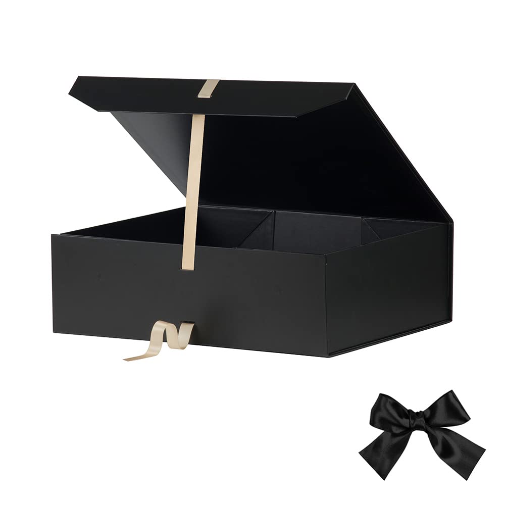 Extra Large Matte Black Gift Box 16x14x5.3 Inches - Magnetic Closure Lid with Ribbon - Collapsible Rectangle Box for Groomsman Proposals, Wedding Gifts, Anniversary Presents & Luxury Packaging