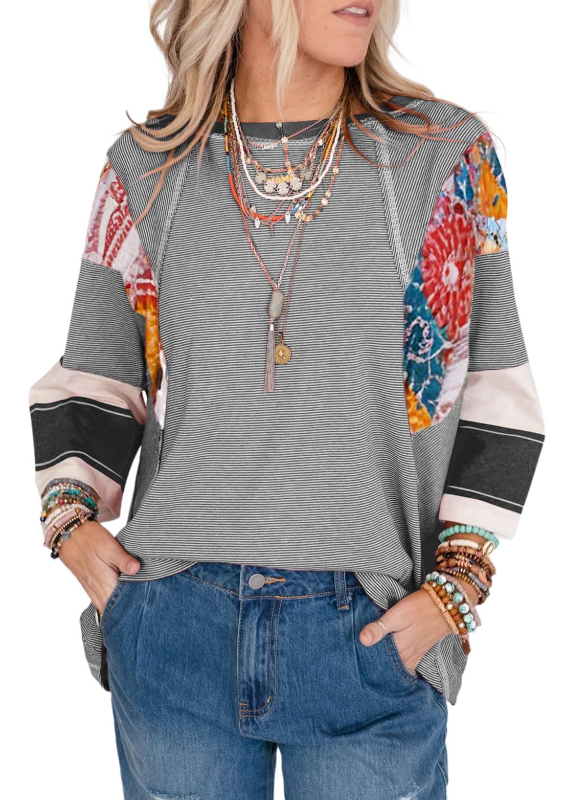 EVALESS Women's 3/4 Sleeve Striped Patchwork Blouse - Trendy Oversized Crew Neck Top for Spring Summer 2025 | Casual Outfits, Office Wear & Street Style Fashion