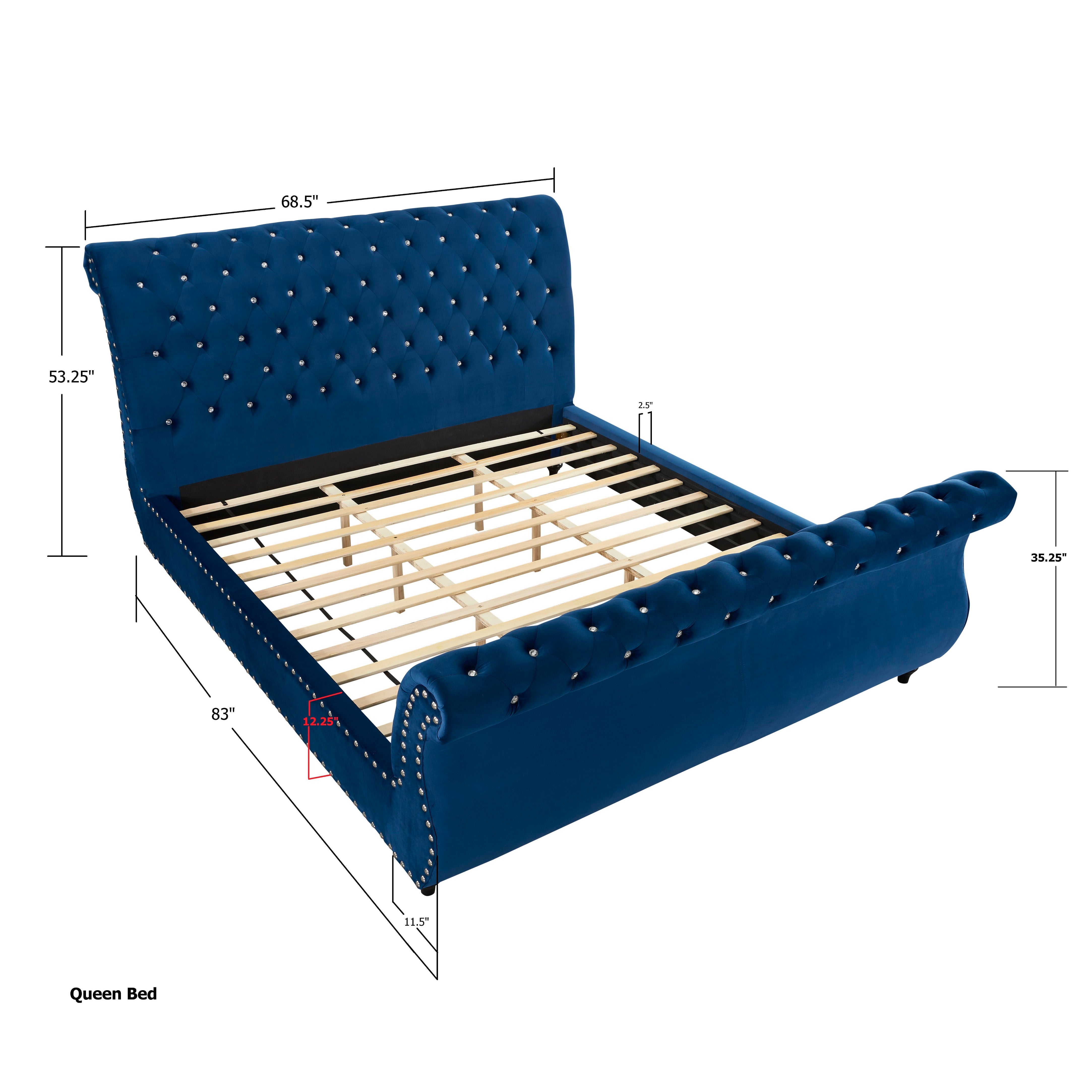 Roundhill Furniture Evora Velvet Upholstered Crystal Button Tufted Sleigh Bed - Queen Size Blue Velvet Bed Frame for Luxurious Bedroom Decor | Perfect for Master Bedrooms, Guest Rooms & Modern Apartments