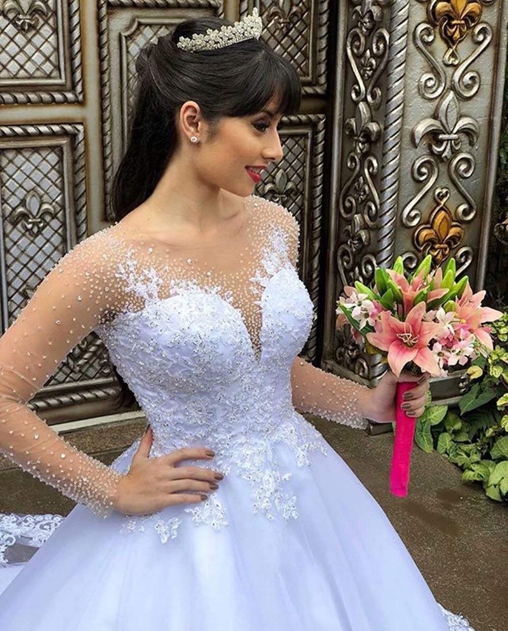 Elegant Crystal Beaded Long Sleeve Wedding Dress - Lace & Tulle Ball Gown for Brides | Perfect for Church Ceremonies, Formal Receptions & Princess-Style Weddings