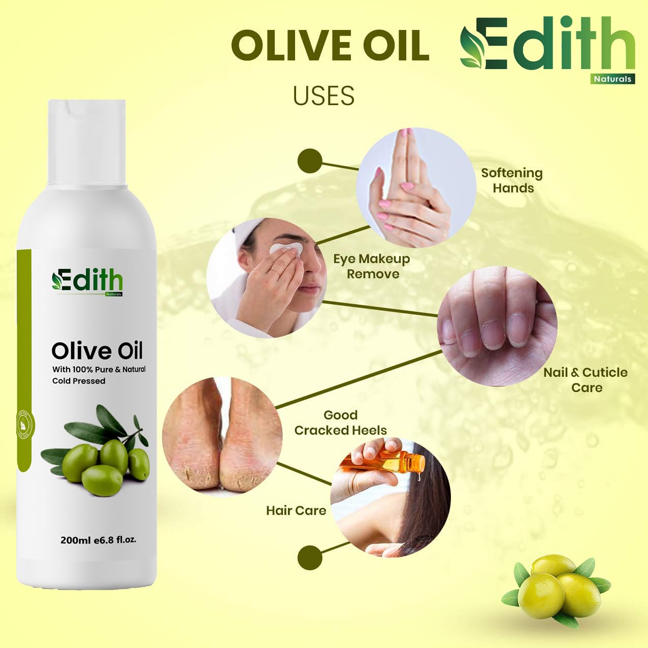 100% Pure Cold Pressed Olive Oil for Hair & Skin Care - 200ml | Natural Moisturizer for Men & Women | Perfect for Massage, DIY Beauty & Cooking