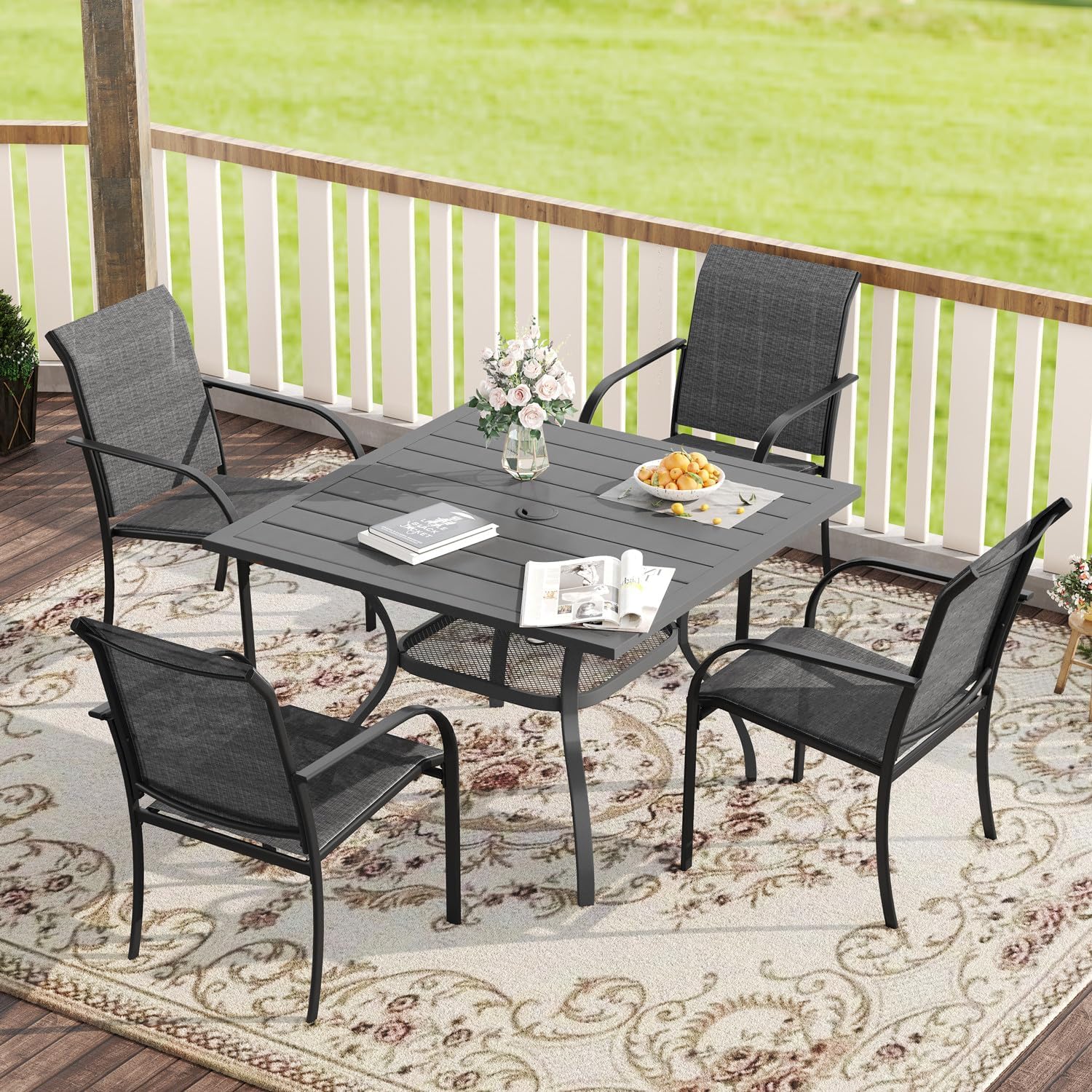 VICLLAX 5-Piece Outdoor Patio Dining Set with Square Table & 4 Stackable Sling Chairs - Grey Weather-Resistant Furniture for Backyard, Garden, Poolside & Deck - Perfect for Outdoor Entertaining & Relaxation