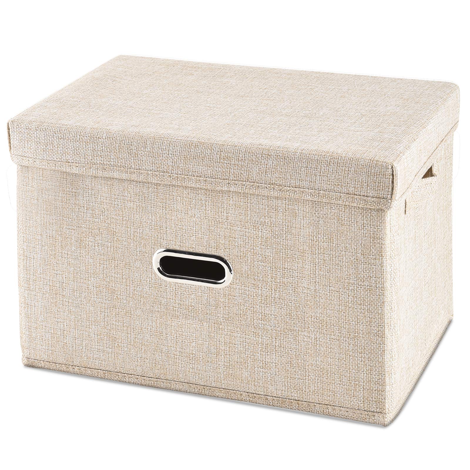 HONGKERNE Foldable Linen Storage Bin with Lid - Medium Cream Fabric Organizer Box for Clothes, Bedroom, Office & Home | Perfect for Closet, Shelf & Underbed Storage