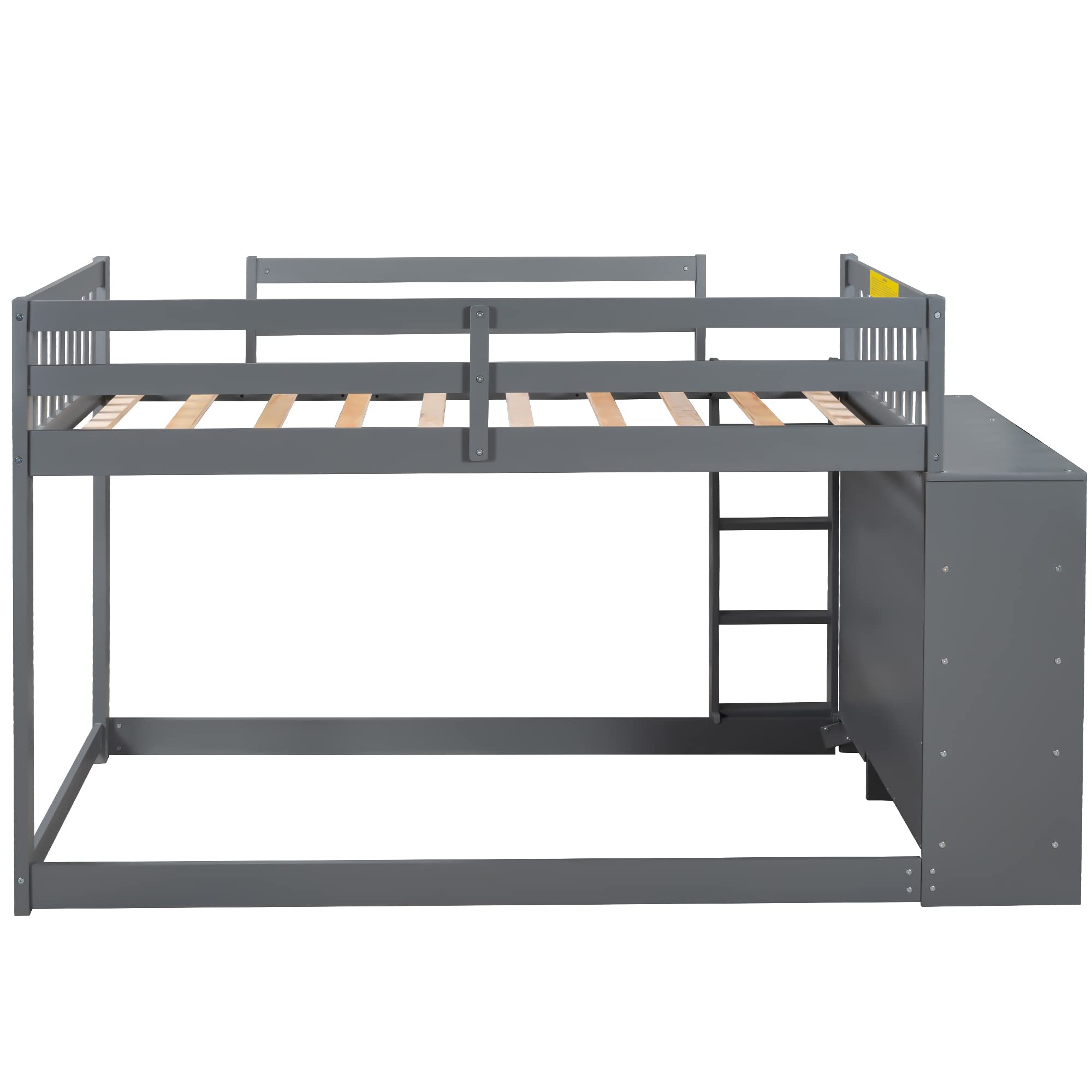 Twin Over Twin Solid Wood Bunk Bed with Cabinet & Shelves - Low Loft Bed Frame with Ladder & Guardrails for Kids, Teens & Adults - Multi-Functional Storage Space (Gray) - Perfect for Small Bedrooms, Dorms & Guest Rooms
