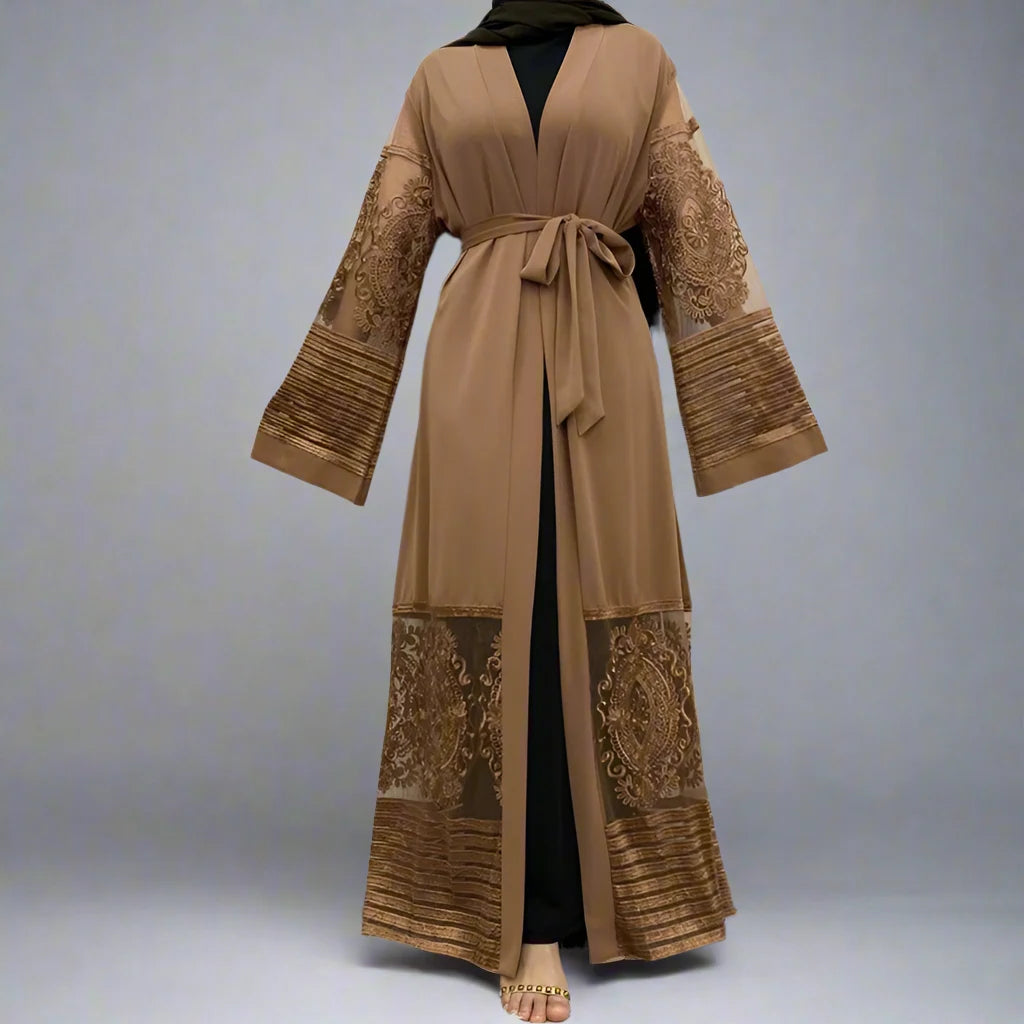 Elegant Muslim Women's Mesh Embroidery Cardigan Open Abaya Dress - Modest Islamic Fashion for Prayer, Mosque & Special Occasions