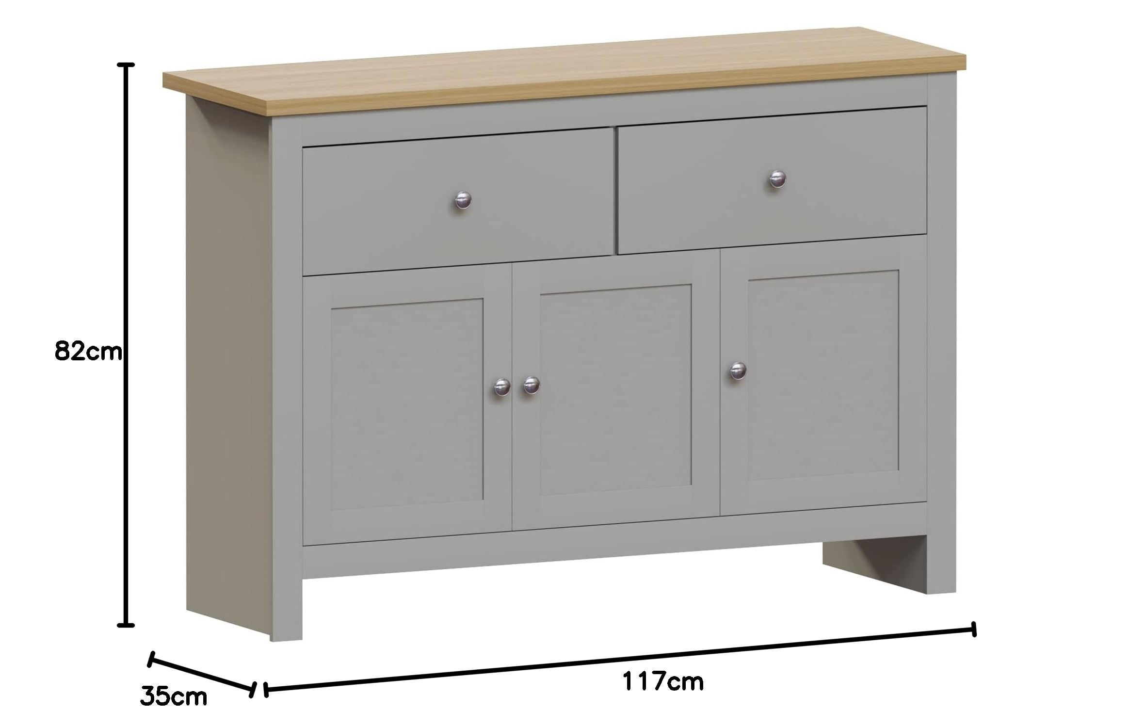 Vida Designs Arlington 2-Drawer 3-Door Sideboard Cabinet - Engineered Wood Storage Console Table in Grey & Oak Finish - 82cm Height x 117cm Width x 35cm Depth - Perfect for Living Room, Dining Room, or Entryway Storage