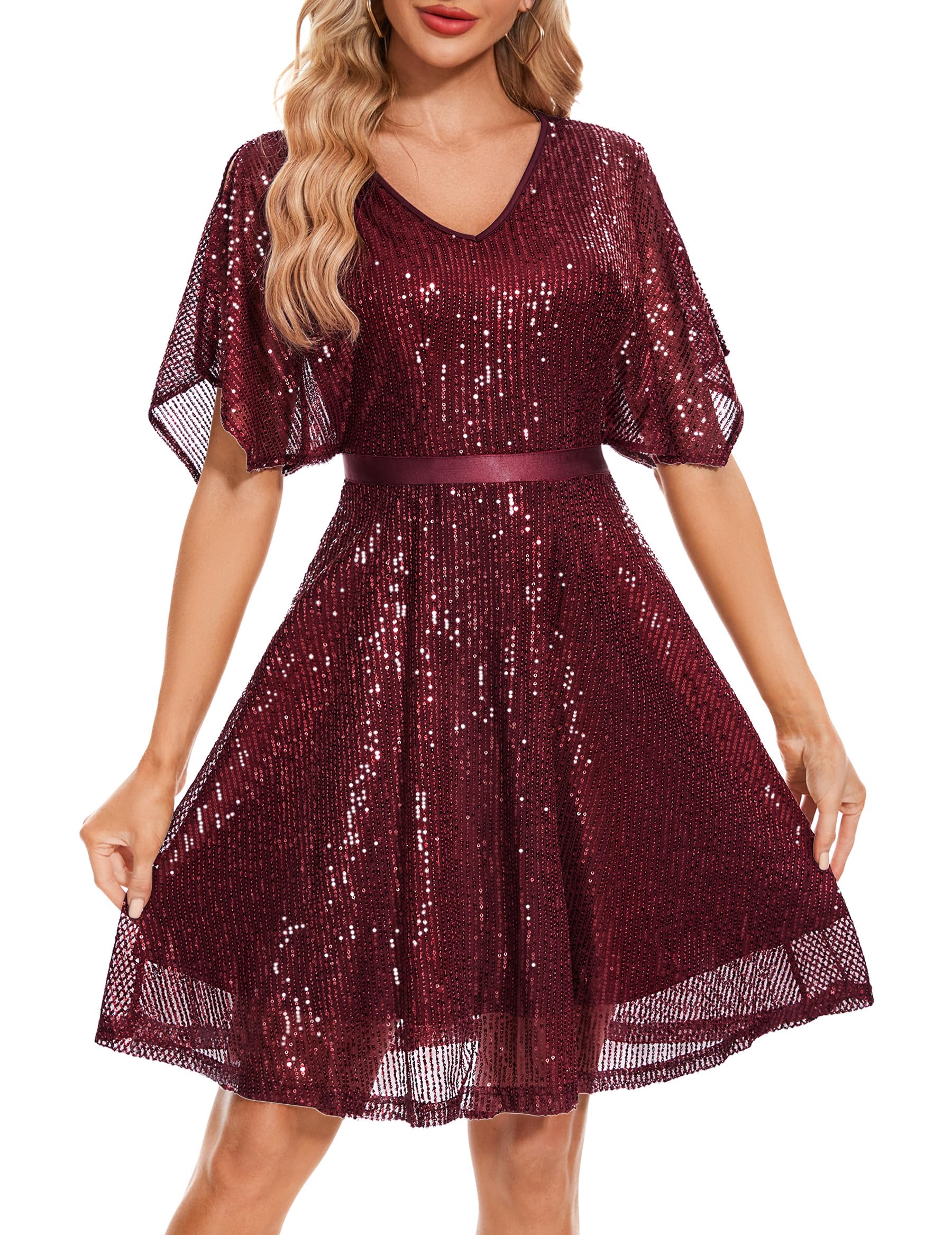 Wedtrend Women's Sparkly Sequin Cocktail Dress with Bat Sleeves - Glitter Party Club Dress for Night Out, Holiday Party, and Special Occasions