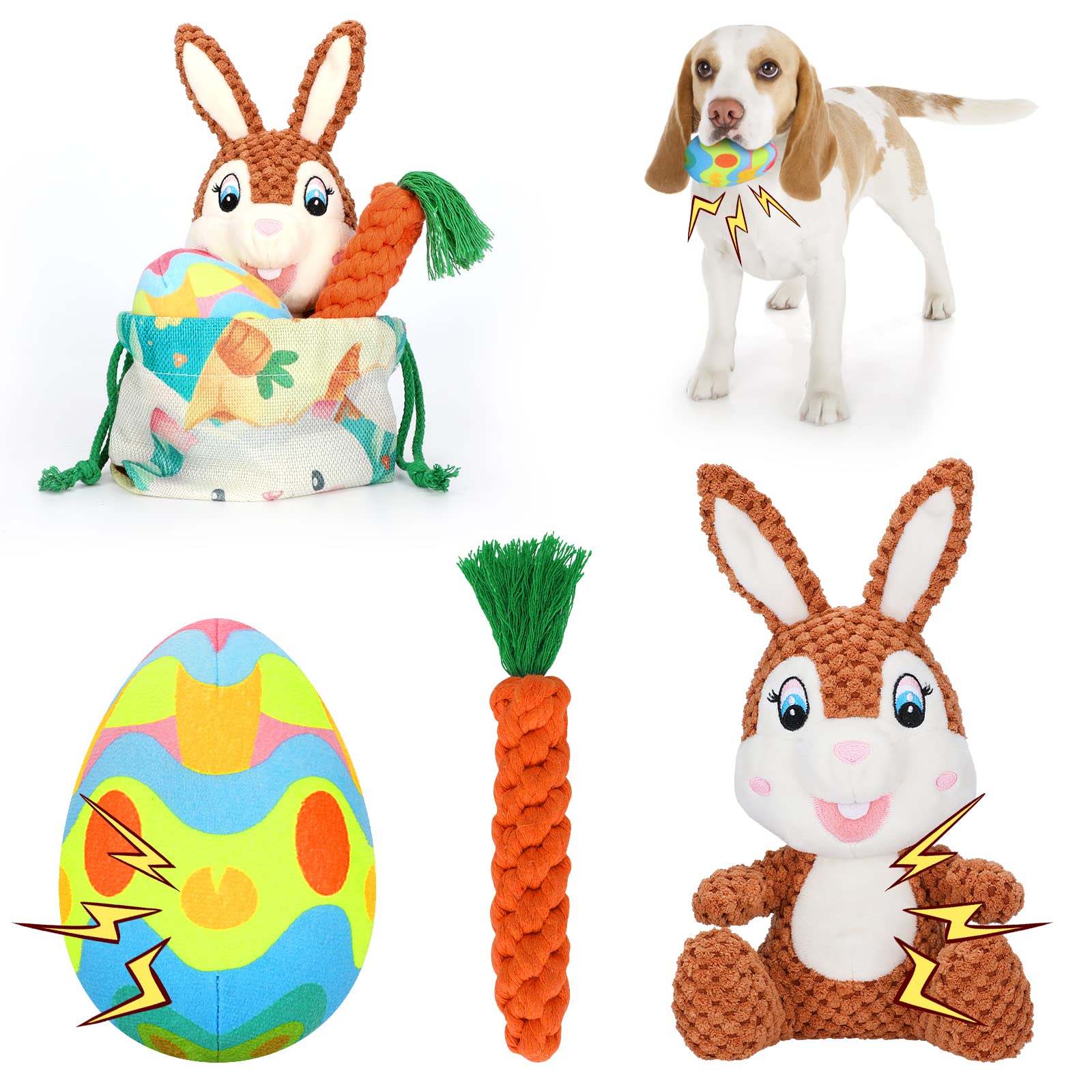 BWOGUE 4PCS Easter Dog Toy Kit - Plush Bunny Egg & Chew Rope Toys with Squeaker and Crinkle Paper for Small Medium Dogs | Teeth Cleaning Chew Toys, Puppy Gifts | Perfect for Easter Playtime, Training Rewards and Interactive Bonding
