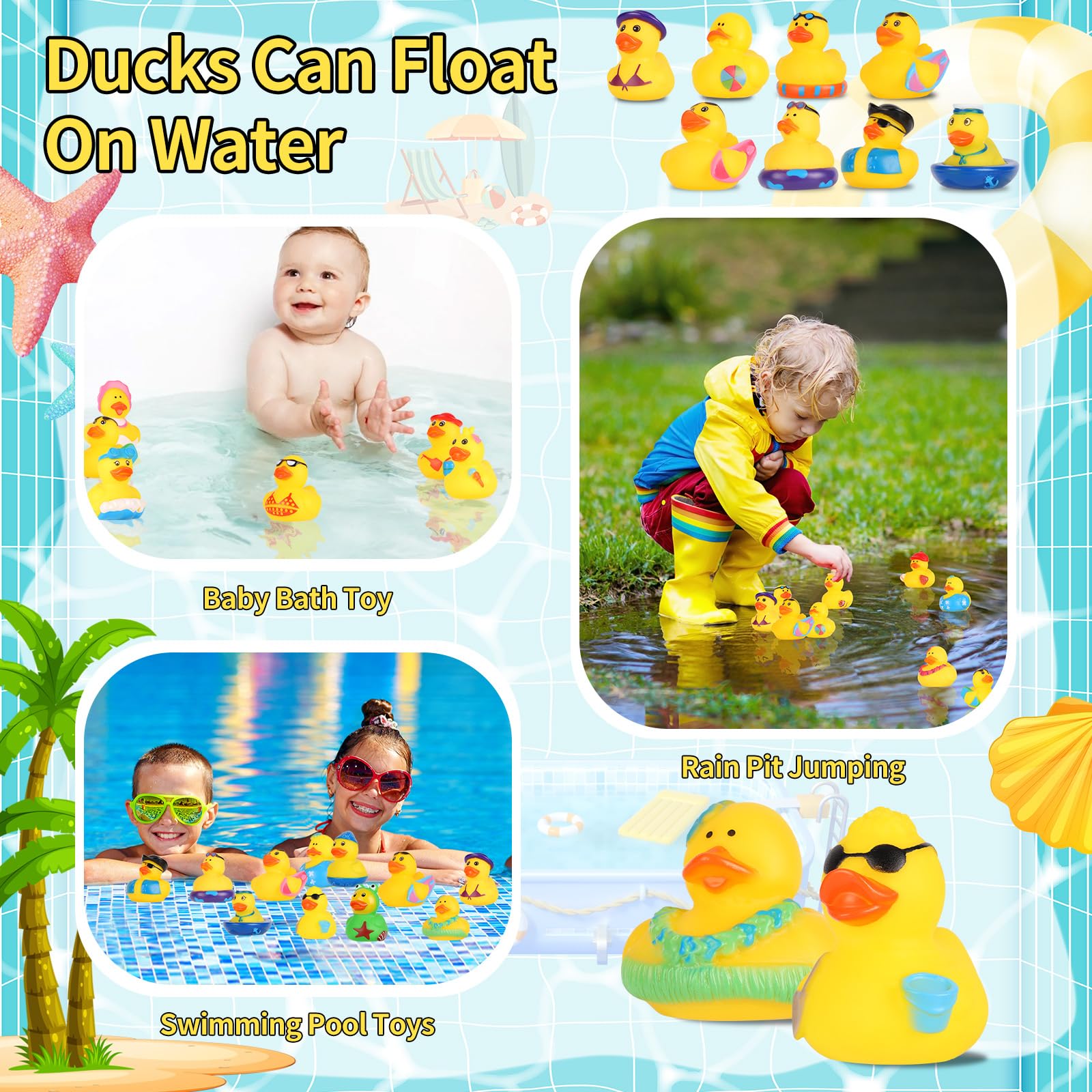 24 Pack Assorted Summer Rubber Duckies - Bulk Beach Party Favors, Pool Toys & Baby Bath Toys for Kids | Perfect for Summer Holidays, Classroom Prizes, and Fun Water Games
