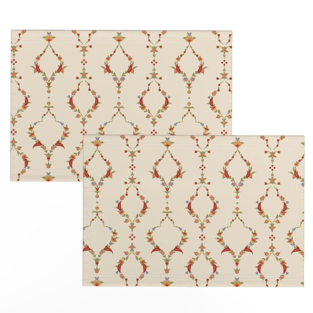 Premium Linen Cotton Canvas Placemats Set of 2 - Victorian Moroccan Nouveau Damask Edwardian Print Table Mats for Dining, Kitchen Decor, and Special Occasions