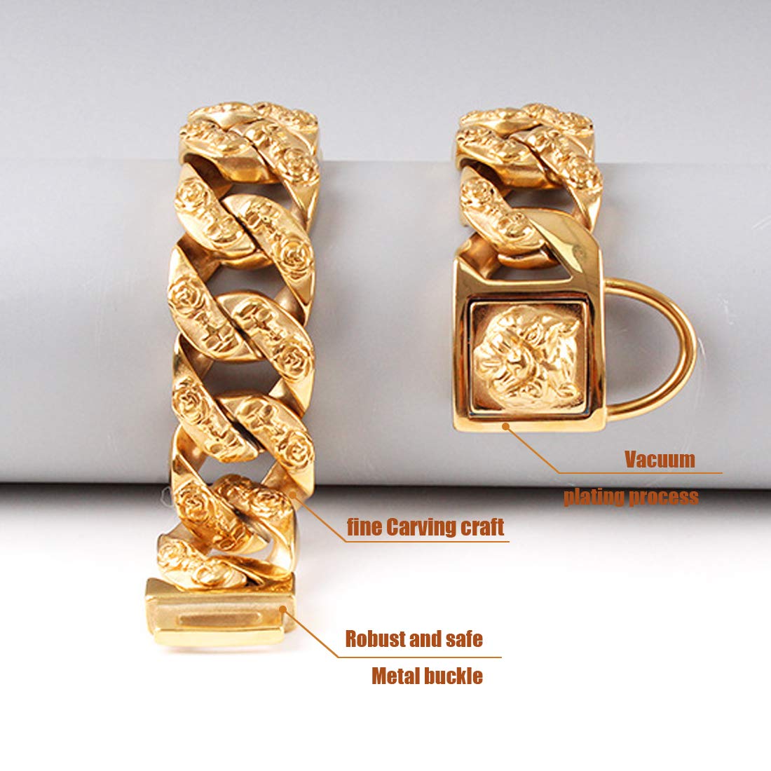 32MM Wide Golden Dog Collar - 316L Stainless Steel Heavy Duty Training Collar with Secure Lock for Large & Medium Dogs (40cm) - Perfect for Outdoor Adventures, Walks & Obedience Training