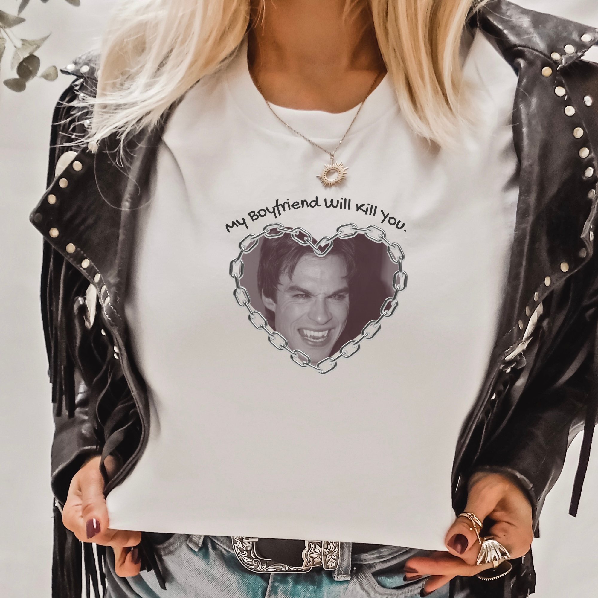 Funny My Boyfriend Will Kill You T-Shirt - Sarcastic Couple Gift for Date Night & Anniversaries