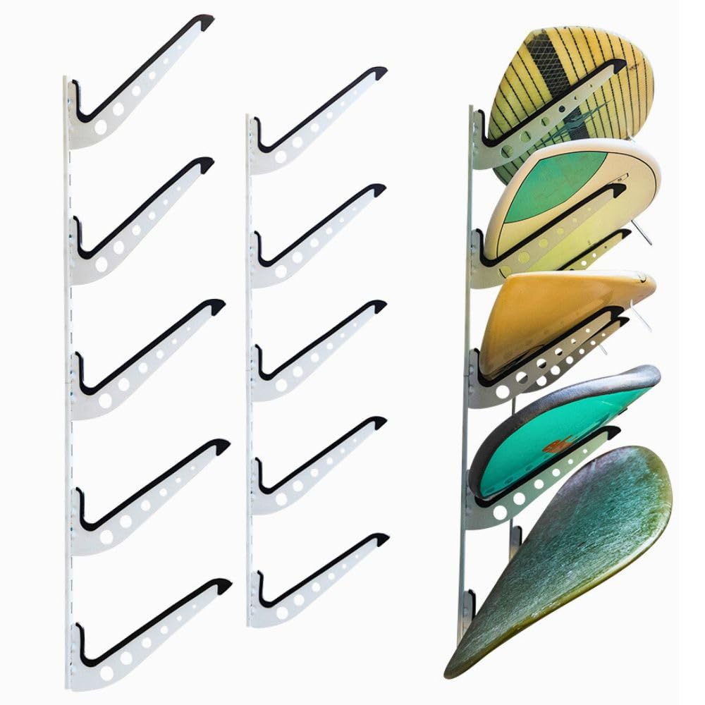 Adjustable Wall Mount Surfboard Rack - 5 Board Storage for Surfboards, Wakeboards, Snowboards - Perfect for Home, Garage, or Beach House Organization
